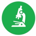 White icon of a microscope with a green background